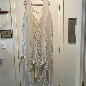 Shreded Crochet Frayed Cream Cover Up Kimono Cascading High Lo Sweater Boho